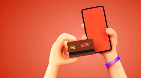 Mobile banking app and e-payment. Hand with smartphone pay by credit card via electronic wallet wirelessly on phone. Online banking. Shopping by phone and connected card.のイラスト素材