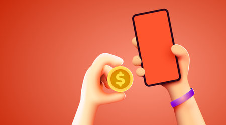 Easy online payments concept with cartoon 3D hand, phone and coin, Business and money. Online shopping.のイラスト素材