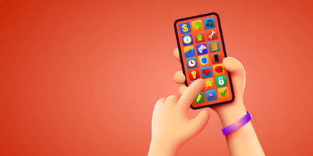 Holding phone in two hands. Phone mockup. Editable smartphone template. Touching screen with finger.のイラスト素材