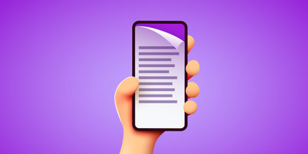 3d cute Hand holds smartphone with document or bill on the screen. Electronic document management. Vector illustrationのイラスト素材