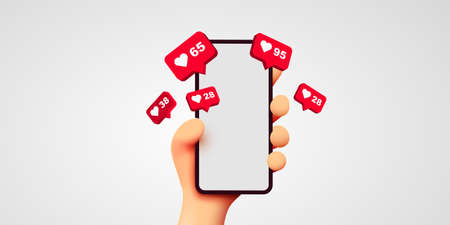 Cute 3D cartoon hand holding mobile smartphone with Likes notification icons on white background. Social media and marketing concept.のイラスト素材