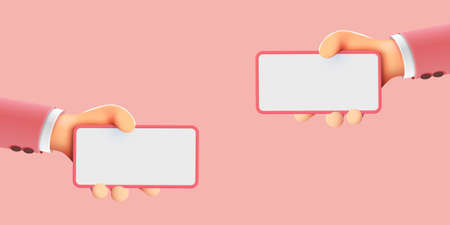Cute 3D cartoon hands holding mobile smart phone. Modern mockup.のイラスト素材