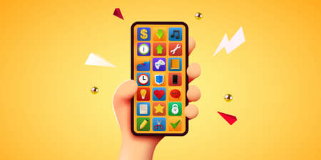 Cute 3D cartoon hand holding mobile smart phone. Modern mockup.のイラスト素材