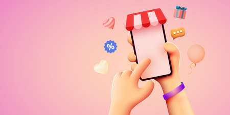 Hand holding mobile smart phone with shopp app. Online shopping concept.のイラスト素材