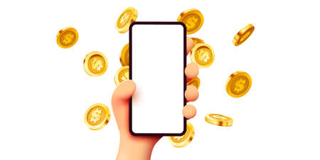 Online payments concept with cartoon 3D hand, phone and coin, Business and money. Online earnings.のイラスト素材