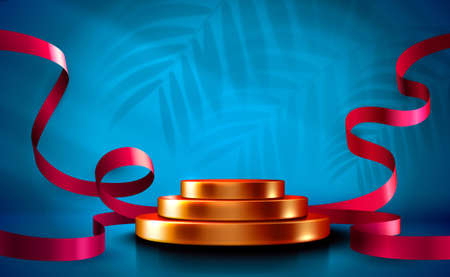 Abstract scene background. Cylinder podium background with confetti and ribbons. Product presentation, mock up, show cosmetic product, Podium, stage pedestal or platform. Vectorのイラスト素材