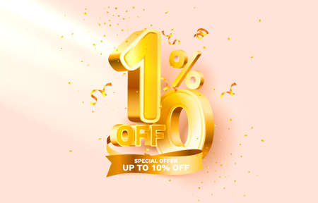 10 Off. Discount creative composition. 3d sale symbol with decorative objects, golden confetti, podium and gift box. Sale banner and poster. Vectorのイラスト素材