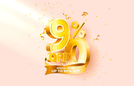 90 Off. Discount creative composition. 3d sale symbol with decorative objects, golden confetti, podium and gift box. Sale banner and poster. Vectorのイラスト素材