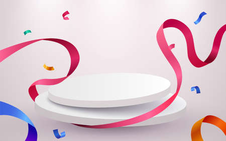 Abstract scene background. Cylinder podium background with confetti and ribbons. Product presentation, mock up, show cosmetic product, Podium, stage pedestal or platform.のイラスト素材