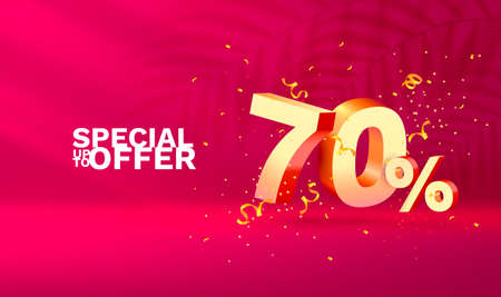 70 Off. Discount creative composition. 3d sale symbol with decorative objects, golden confetti, podium and gift box. Sale banner and poster. Vectorのイラスト素材