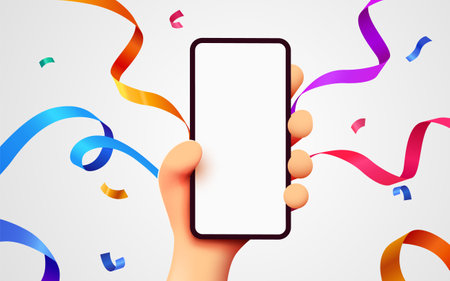 Cute 3D cartoon hand holding mobile smart phone with celebratory confetti flying around. Winner concept. Modern mockup.のイラスト素材