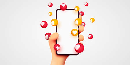 Cute 3D cartoon hand holding mobile smartphone with Likes notification icons on white background. Social media and marketing concept.のイラスト素材