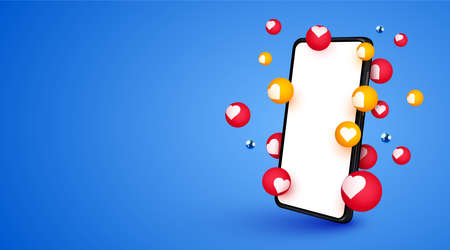 Mobile smartphone with Likes notification bubbles on blue background. Social media and marketing concept.のイラスト素材