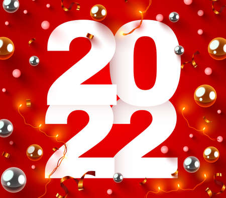 Happy New 2022 Year. Holiday numbers 2022 with confetti and garland. Festive poster or banner design.のイラスト素材