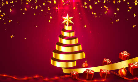 Merry Christmas Happy New Year tree with toys, card banner. Vectorのイラスト素材