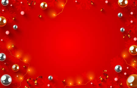 Christmas decorations layout garland and confetti. Winter, new year Holidays concept as top view, copyspace. Greeting card template.のイラスト素材