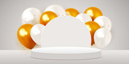 Scene podium with golden balloons. Product presentation, mock up. Podium, winner pedestal or platform.のイラスト素材