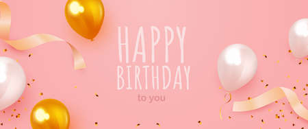 Happy birthday background with golden and white air balloons. Holiday design for greeting card, party poster, banner template.のイラスト素材