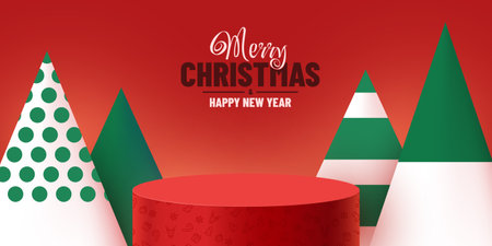 Mock up scene. Podium for cosmetic and product display. Stage pedestal or platform. Winter Christmas red background with xmas tree.のイラスト素材