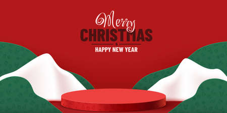 Mock up scene. Podium for cosmetic and product display. Stage pedestal or platform. Winter Christmas red background with xmas tree.のイラスト素材