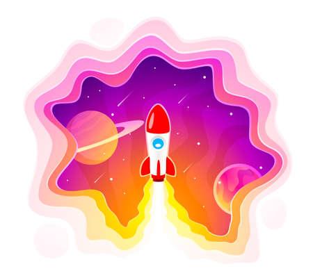 Start up idea Landing page screen, development technology, rocket banner. Vectorのイラスト素材