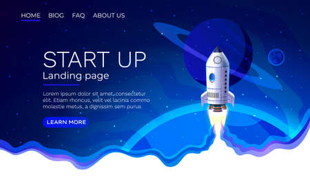Start up idea Landing page screen, development technology, rocket banner. Vectorのイラスト素材