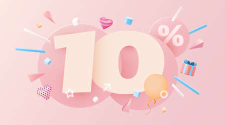 10 percent Off. Discount creative composition. 3d sale symbol with decorative objects, heart shaped...