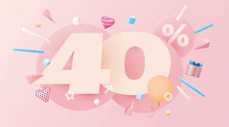 40 percent Off. Discount creative composition. 3d sale symbol with decorative objects, heart shaped balloons and gift box. Sale banner and poster.のイラスト素材