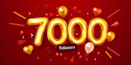 7k or 7000 followers thank you. Golden numbers, confetti and balloons. Social Network friends, followers, Web users. Subscribers, followers or likes celebration.のイラスト素材