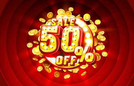 Scene golden 50 sale off text banner. Night Sign. Vector
