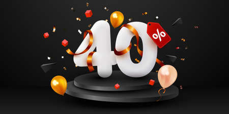 40 percent Off. Black Friday Sale composition with decorative objects, balloons, golden confetti, podium. Discount banner and poster.のイラスト素材