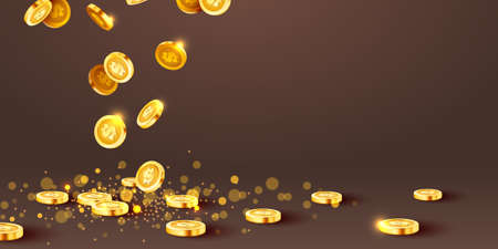 Falling coins, falling money, flying gold coins, golden rain. Jackpot or success concept. Modern background.のイラスト素材
