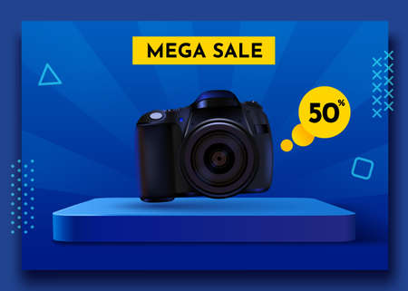 Sale social media post template with photo camera. Premium product stand. Special offer.のイラスト素材