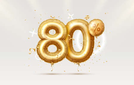 80 Off. Discount creative composition. 3d Golden sale symbol with decorative objects, heart shaped balloons, golden confetti, podium and gift box. Sale banner and poster. Vectorのイラスト素材