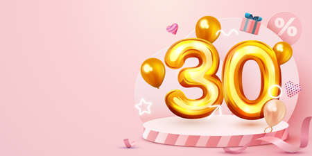 30 percent Off. Discount creative composition. Golden sale symbol with decorative objects, heart shaped balloons and gift box. Sale banner and poster.のイラスト素材