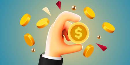 Cartoon hand holding golden dollar coin. Investment, profit, payment concept.のイラスト素材