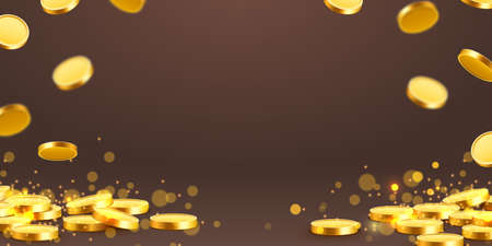 Falling coins, falling money, flying gold coins, golden rain. Jackpot or success concept. Modern background.のイラスト素材