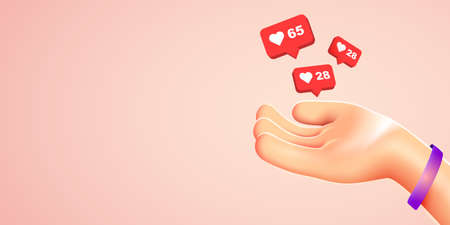 Cartoon hand hold flying like signs. Social media marketing, like notifications.のイラスト素材
