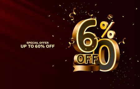 60 Off. Discount creative composition. 3d sale symbol with decorative objects, golden confetti, podium and gift box. Sale banner and poster. Vectorのイラスト素材