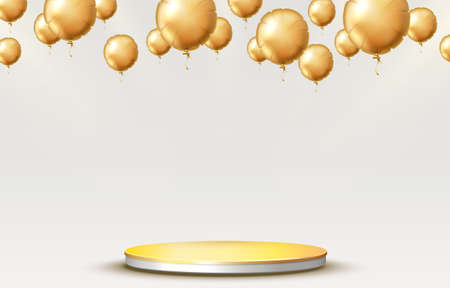 Scene background. Cylinder podium background with balloon and ribbons. Product presentation, mock up, show happy product, Podium, stage pedestal or platform. Vectorのイラスト素材