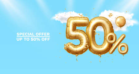 50 Off. Discount creative composition. 3d Golden sale symbol with decorative objects, heart shaped balloons, golden confetti, podium and gift box. Sale banner and poster. Vectorのイラスト素材