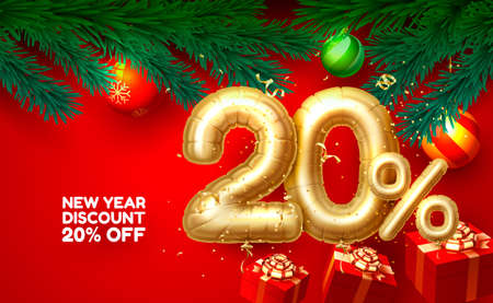 Merry Christmas, sale 20 off ballon number on the red background. Vectorのイラスト素材