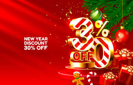New year discount merry Christmas sale 30 off golden numbers, with gifts and Christmas decorations on the red background. Vectorのイラスト素材