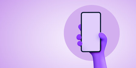 Cute cartoon hand holding mobile smart phone. Modern mockup.のイラスト素材