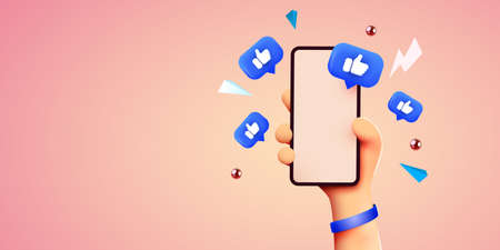 Cute cartoon hand holding mobile smartphone with Likes notification icons. Social media and marketing concept.のイラスト素材
