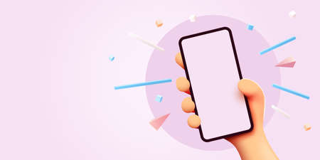 Cute cartoon hand holding mobile smart phone. Modern mockup.のイラスト素材