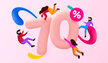 Mega sale. 70 percent discount. Special offer background with flying people. Promotion poster or...