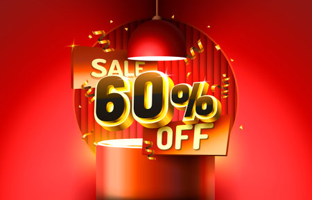 60 Off. Discount creative composition. 3d sale symbol with decorative objects, golden confetti,...