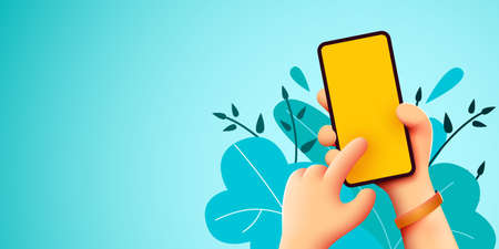 Holding phone in two hands. Phone mockup. Editable smartphone template. Touching screen with finger.