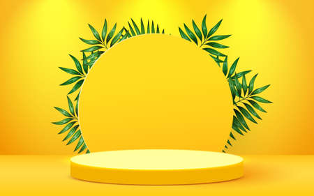 Abstract eco scene background. Cylinder podium with leaves on white background. Product presentation, mock up, show natural cosmetic product. Podium, stage pedestal or platform.のイラスト素材